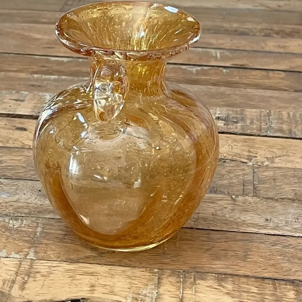 Vintage Hand Blown Glass Vase 5.5 in Amber Yellow Bubble Design w Scroll Handles